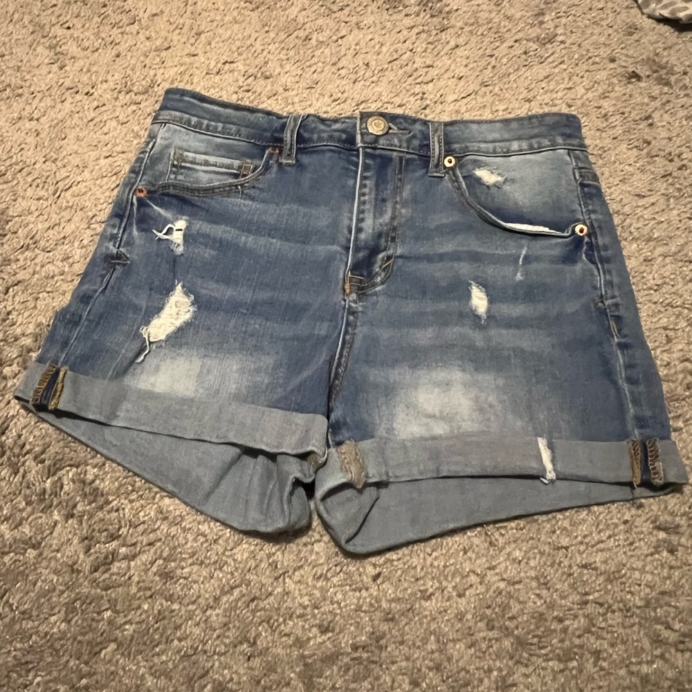 High waisted medium wash shorts